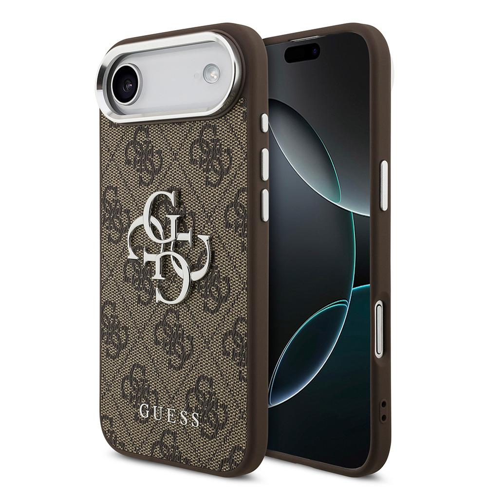Apple iPhone 17 Air Uyumlu Kılıf Guess Orjinal Lisanslı Gümüş Metal Kamera Çerçeveli 4G Desenli Metal Büyük 4G ve Yazı Logolu Kapak