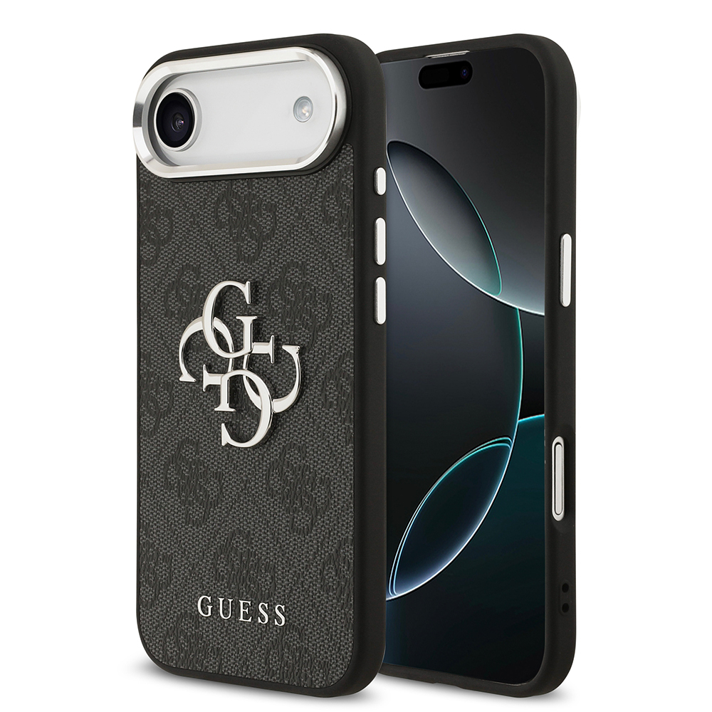Apple iPhone 17 Air Uyumlu Kılıf Guess Orjinal Lisanslı Gümüş Metal Kamera Çerçeveli 4G Desenli Metal Büyük 4G ve Yazı Logolu Kapak