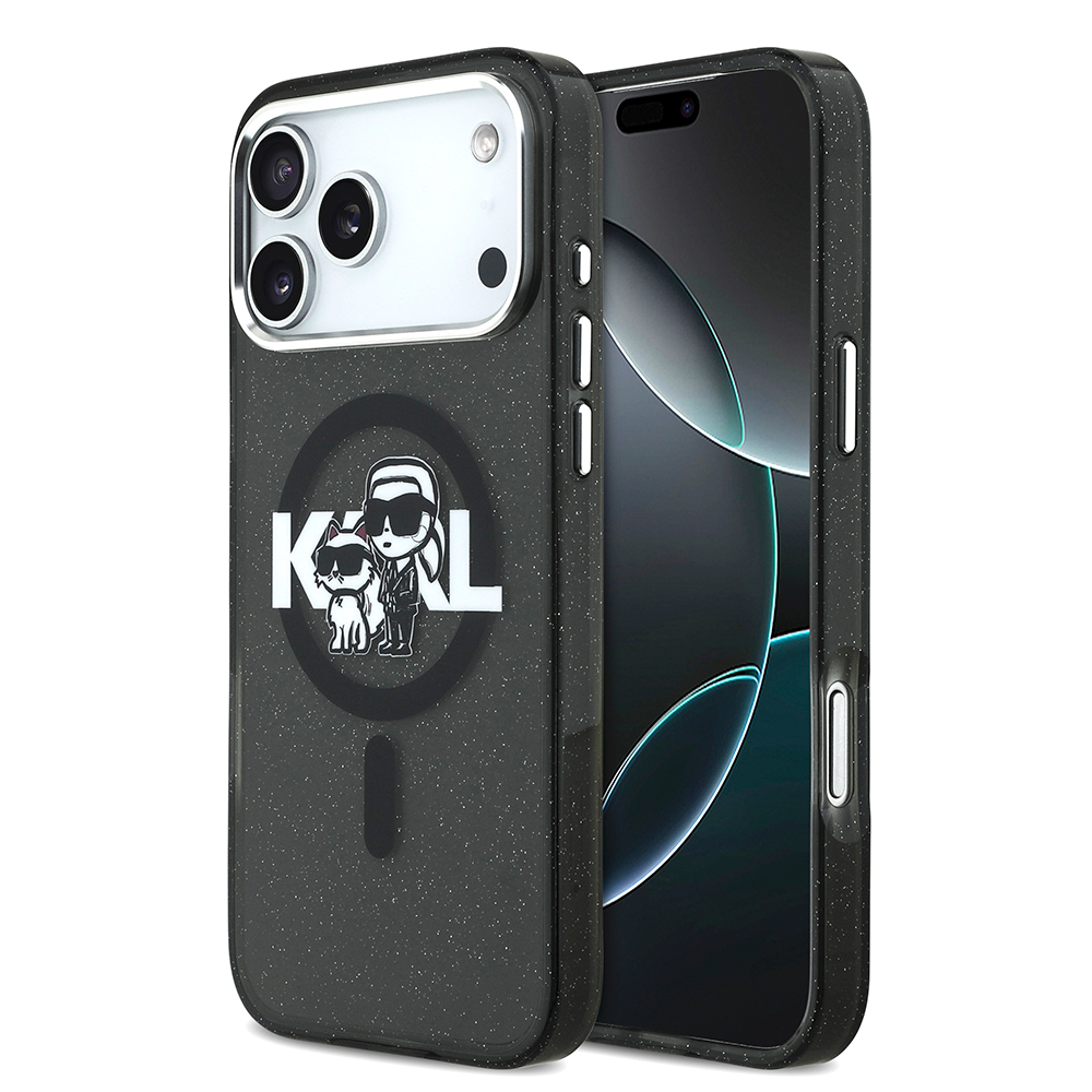 Apple iPhone 17 Pro Max Uyumlu Kılıf Karl Lagerfeld Orjinal Lisanslı Parlayan Simli Karl & Choupette Sketch Logo Kapak