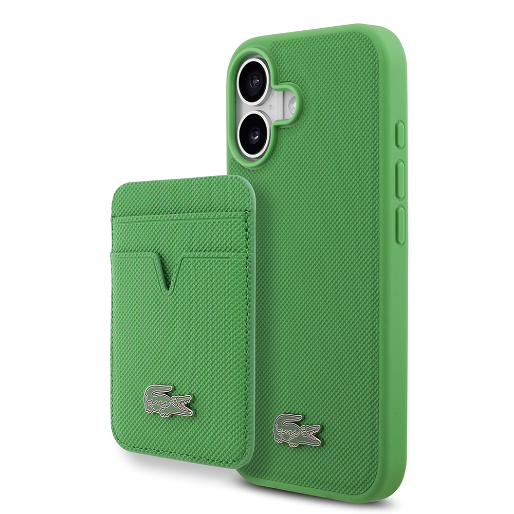 Apple iPhone 17 Uyumlu Kılıf Lacoste Orjinal Lisanslı M-safe Şarj Özellikli PU Pike Desenli Metal Logolu Kartlıklı Kapak