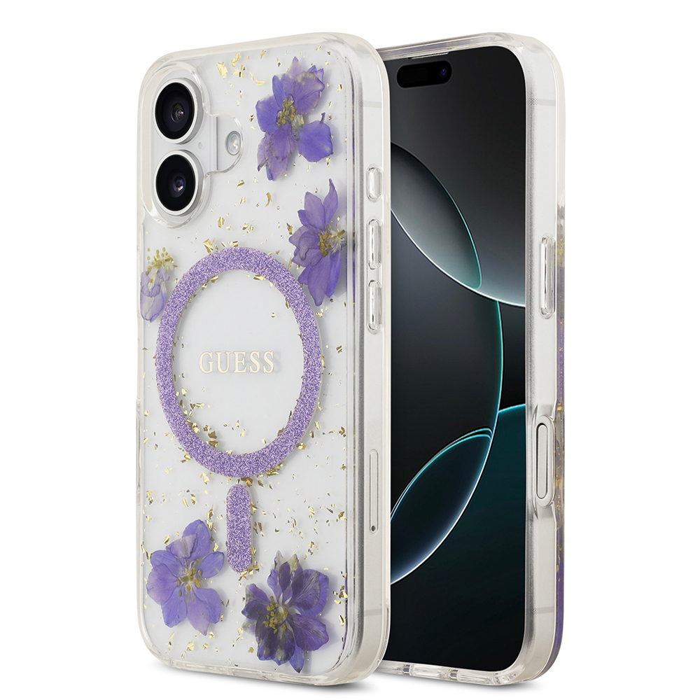 Apple iPhone 17 Uyumlu Kılıf Guess Orjinal Lisanslı M-safe Şarj Özellikli Transparan Resin Flowers Kapak