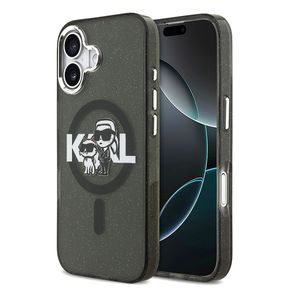 Apple iPhone 17 Uyumlu Kılıf Karl Lagerfeld Orjinal Lisanslı Parlayan Simli Karl & Choupette Sketch Logo Kapak