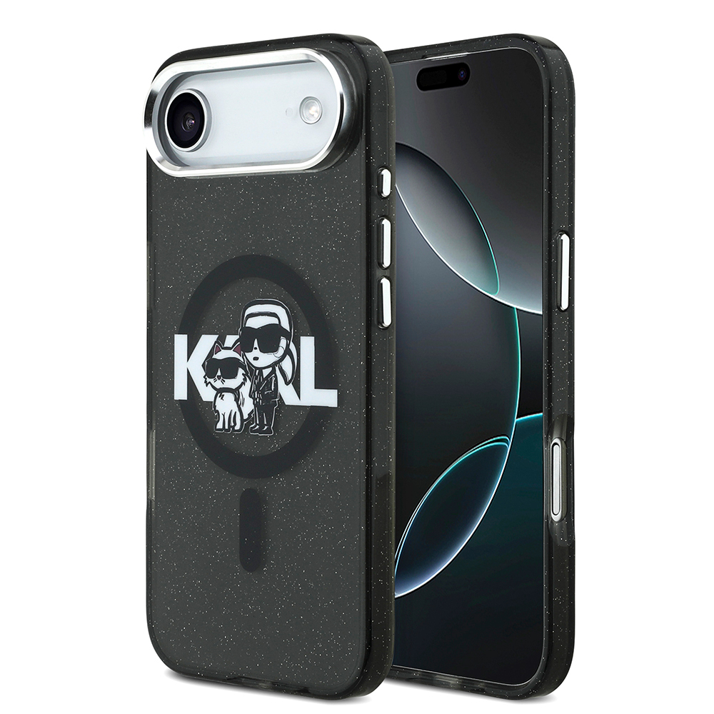 [RNZ-TA126241] Apple iPhone 17 Air Uyumlu Kılıf Karl Lagerfeld Orjinal Lisanslı Parlayan Simli Karl & Choupette Sketch Logo Kapak