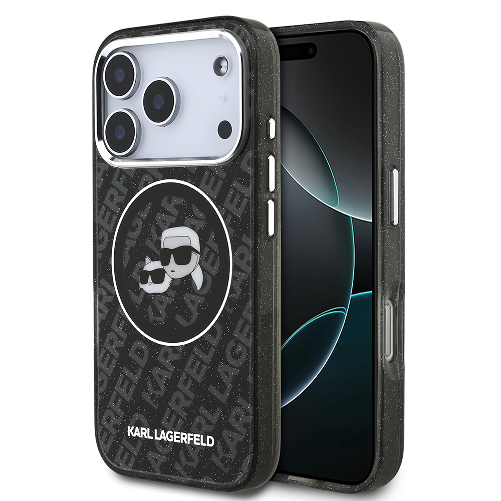 [RNZ-TA126236] Apple iPhone 17 Pro Uyumlu Kılıf Karl Lagerfeld Orjinal Lisanslı Parlayan Simli Karl & Choupette Heads Kapak (Siyah)