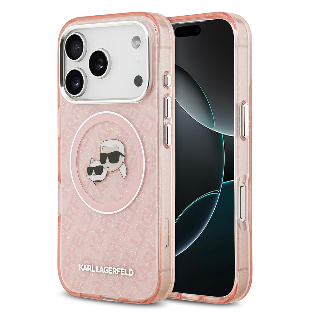 Apple iPhone 17 Pro Max Uyumlu Kılıf Karl Lagerfeld Orjinal Lisanslı Parlayan Simli Karl & Choupette Heads Kapak