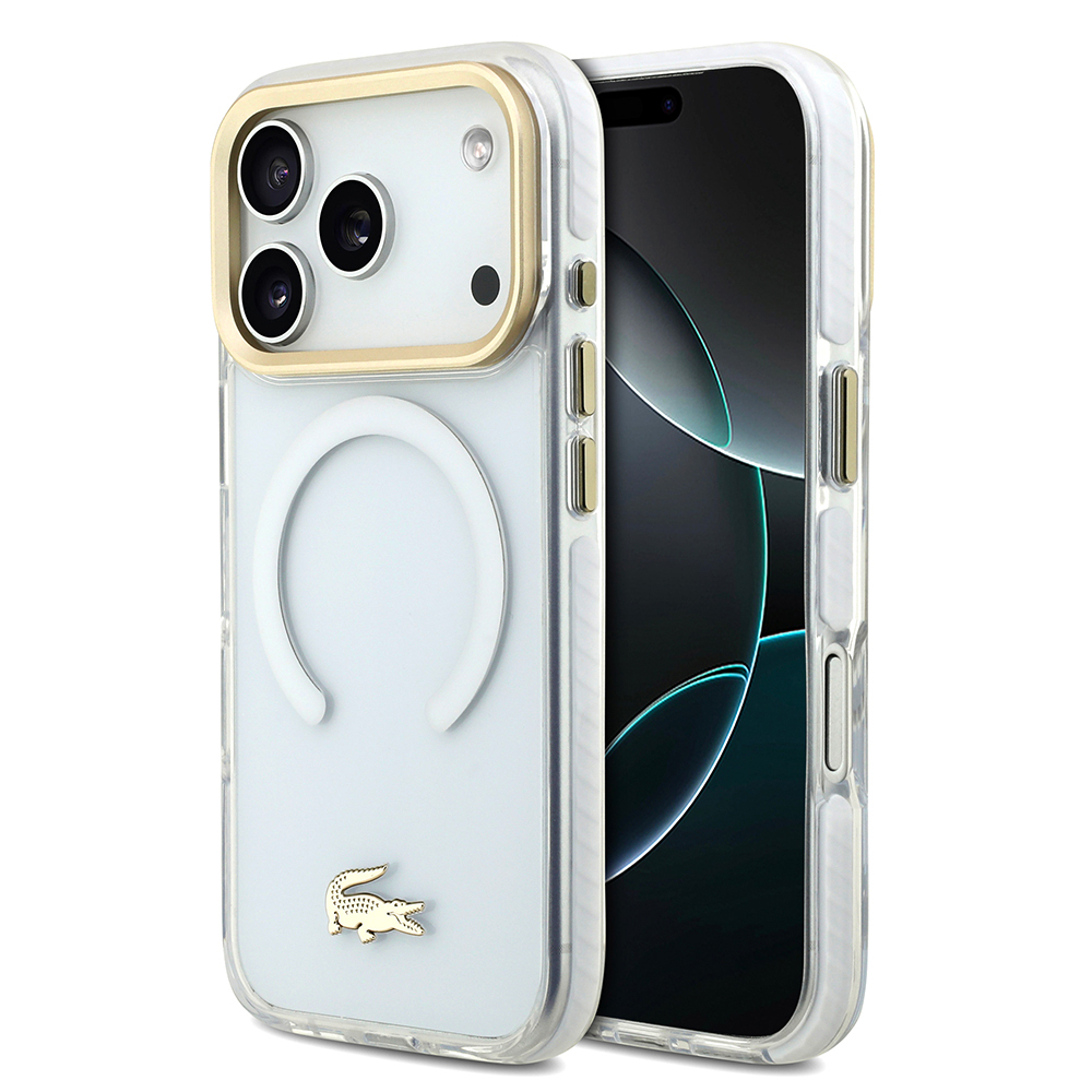 Apple iPhone 17 Pro Uyumlu Kılıf Lacoste Orjinal Lisanslı M-safe Şarj Özellikli Gold Timsah Logolu Buzlu Kapak