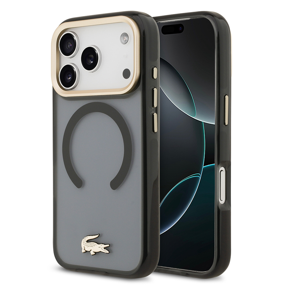 [RNZ-TA126355] Apple iPhone 17 Pro Uyumlu Kılıf Lacoste Orjinal Lisanslı M-safe Şarj Özellikli Gold Timsah Logolu Buzlu Kapak (Siyah)