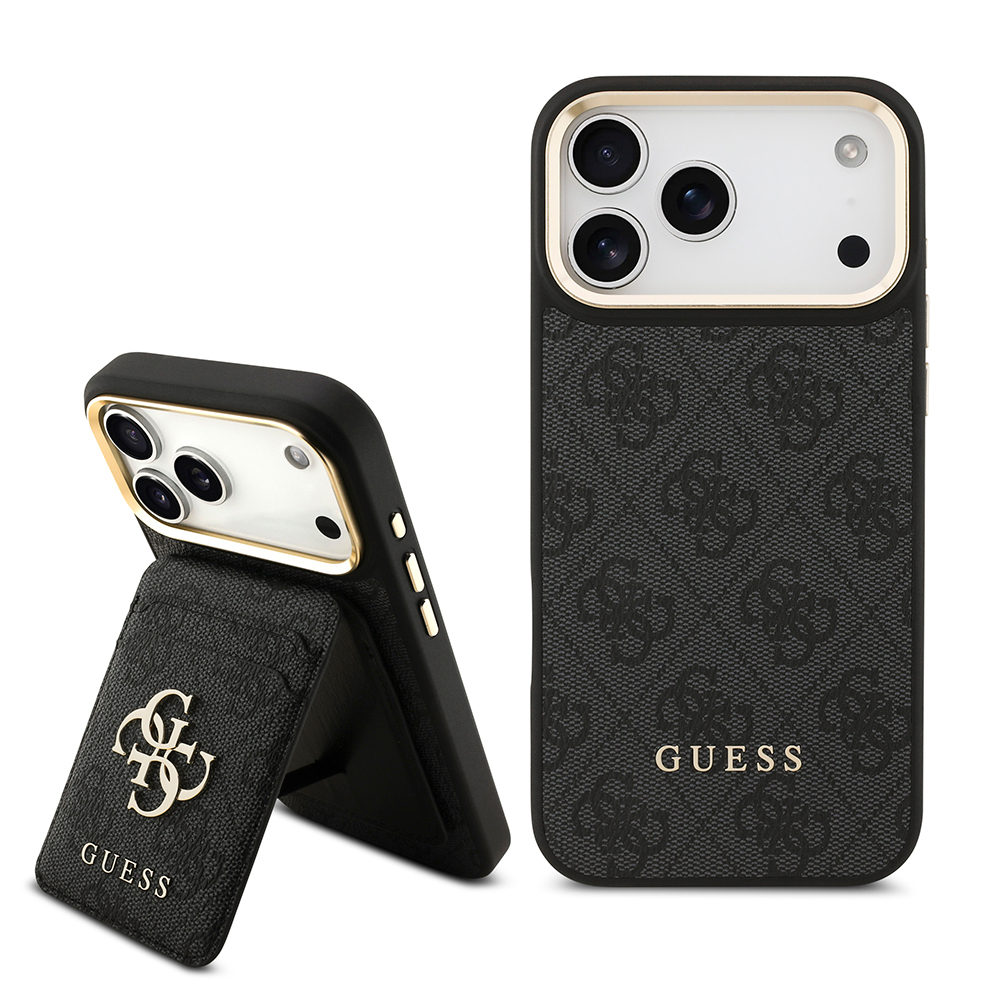 [RNZ-TA126640] Apple iPhone 17 Pro Max Uyumlu Kılıf Guess Orjinal Lisanslı M-safe Şarj Özellikli 4G Metal Büyük Logolu Kartlıklı Kapak (Siyah)