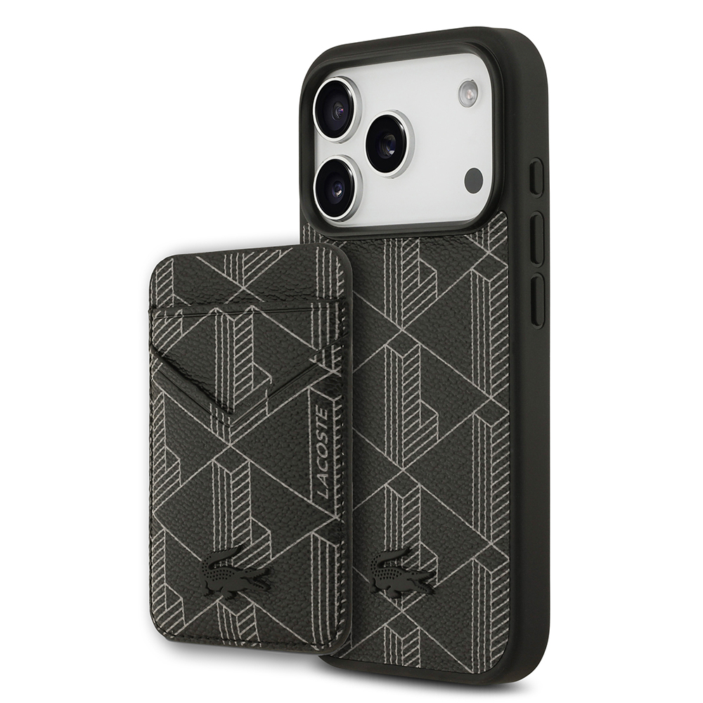 Apple iPhone 17 Pro Uyumlu Kılıf Lacoste Orjinal Lisanslı M-safe Şarj Özellikli PU Deri Tasarımlı Kartlıklı Karışık Monogram Desenli Kapak