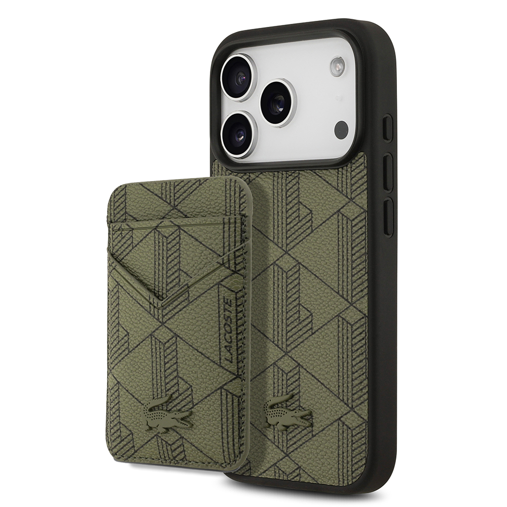 Apple iPhone 17 Pro Uyumlu Kılıf Lacoste Orjinal Lisanslı M-safe Şarj Özellikli PU Deri Tasarımlı Kartlıklı Karışık Monogram Desenli Kapak