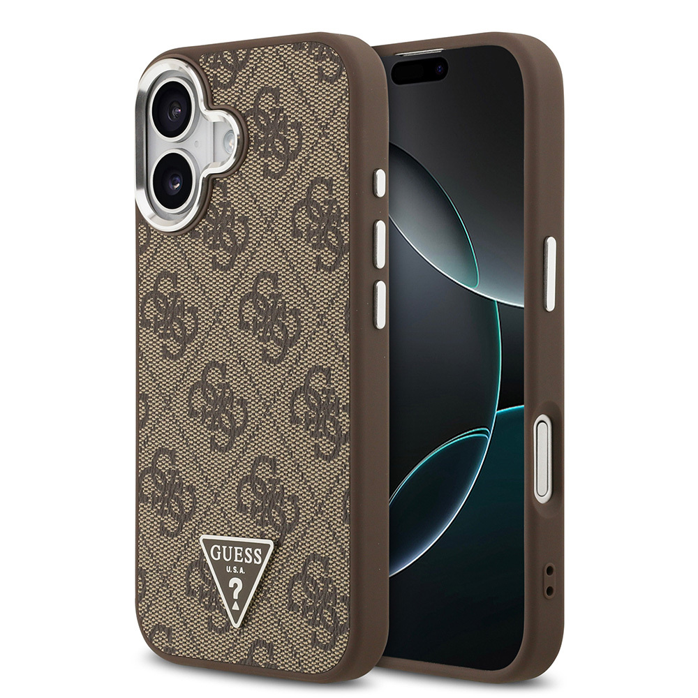 Apple iPhone 17 Uyumlu Kılıf Guess Orjinal Lisanslı M-safe Şarj Özellikli Gümüş Metal Kamera Çerçeveli Üçgen Logo 4G Desenli Kapak