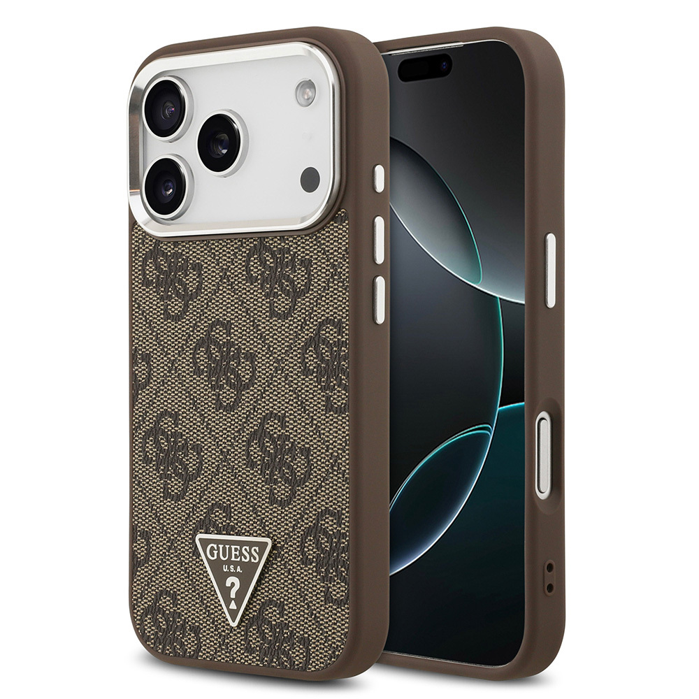 Apple iPhone 17 Pro Uyumlu Kılıf Guess Orjinal Lisanslı M-safe Şarj Özellikli Gümüş Metal Kamera Çerçeveli Üçgen Logo 4G Desenli Kapak