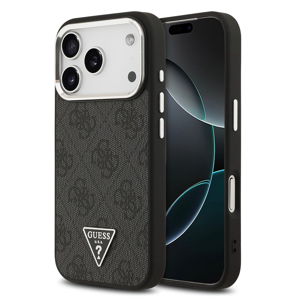Apple iPhone 17 Pro Uyumlu Kılıf Guess Orjinal Lisanslı M-safe Şarj Özellikli Gümüş Metal Kamera Çerçeveli Üçgen Logo 4G Desenli Kapak