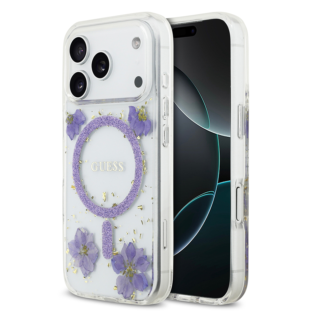 Apple iPhone 17 Pro Uyumlu Kılıf Guess Orjinal Lisanslı M-safe Şarj Özellikli Transparan Resin Flowers Kapak
