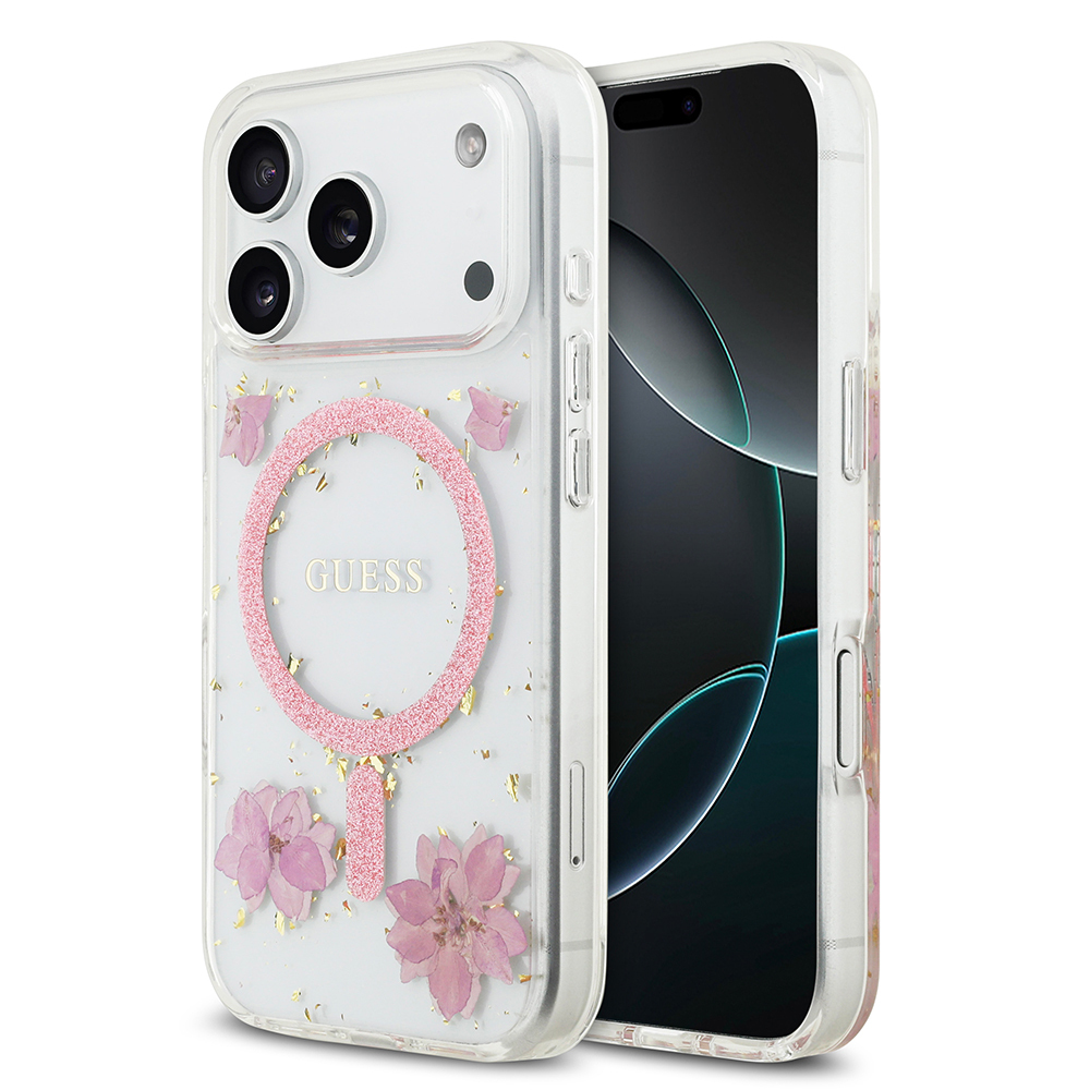 Apple iPhone 17 Pro Uyumlu Kılıf Guess Orjinal Lisanslı M-safe Şarj Özellikli Transparan Resin Flowers Kapak