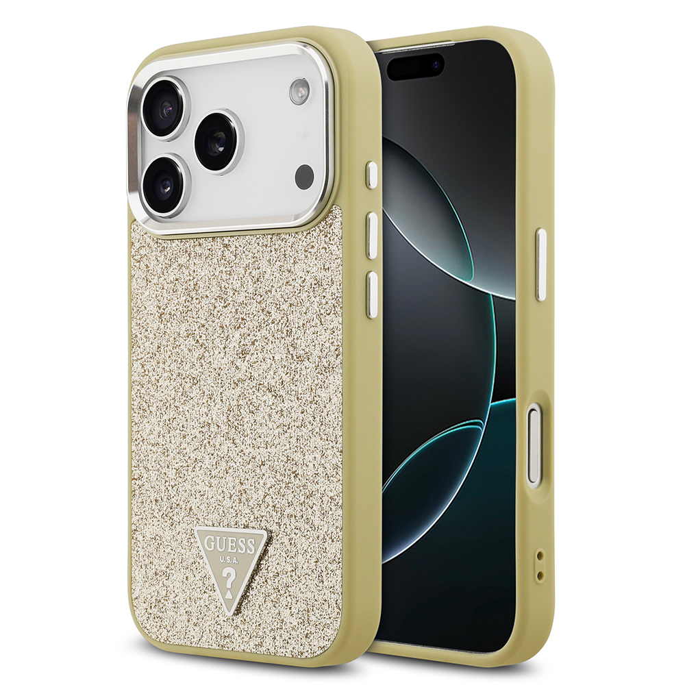Apple iPhone 17 Pro Uyumlu Kılıf Guess Orjinal Lisanslı M-safe Şarj Özellikli Metal Kamera Çerçeveli Üçgen Logolu Glitter Kapak