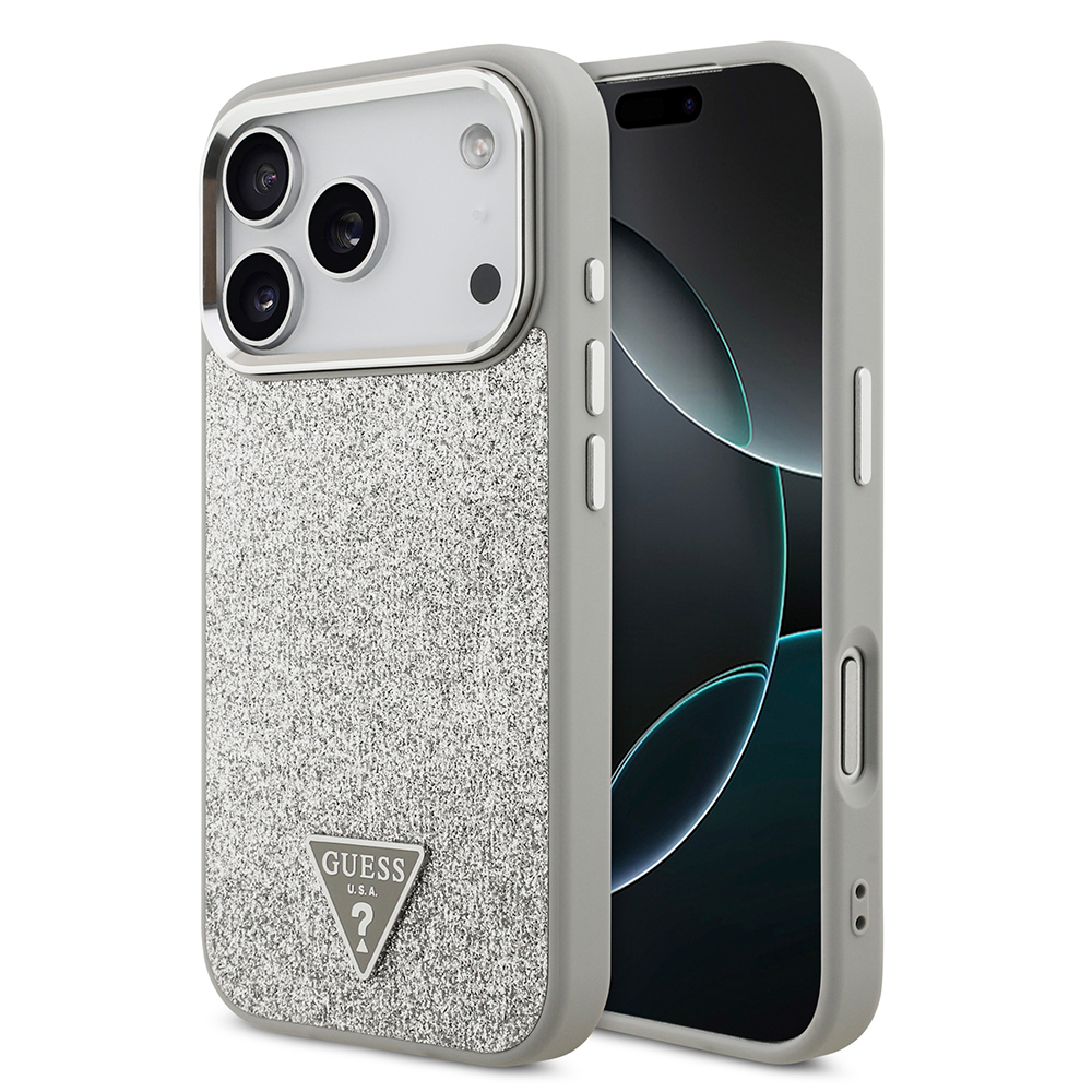 Apple iPhone 17 Pro Uyumlu Kılıf Guess Orjinal Lisanslı M-safe Şarj Özellikli Metal Kamera Çerçeveli Üçgen Logolu Glitter Kapak