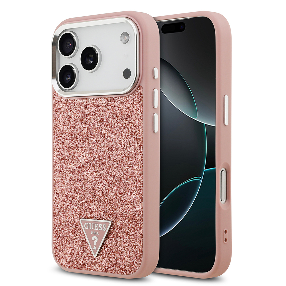 Apple iPhone 17 Pro Uyumlu Kılıf Guess Orjinal Lisanslı M-safe Şarj Özellikli Metal Kamera Çerçeveli Üçgen Logolu Glitter Kapak