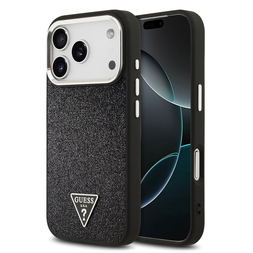[RNZ-TA126777] Apple iPhone 17 Pro Uyumlu Kılıf Guess Orjinal Lisanslı M-safe Şarj Özellikli Metal Kamera Çerçeveli Üçgen Logolu Glitter Kapak (Siyah)