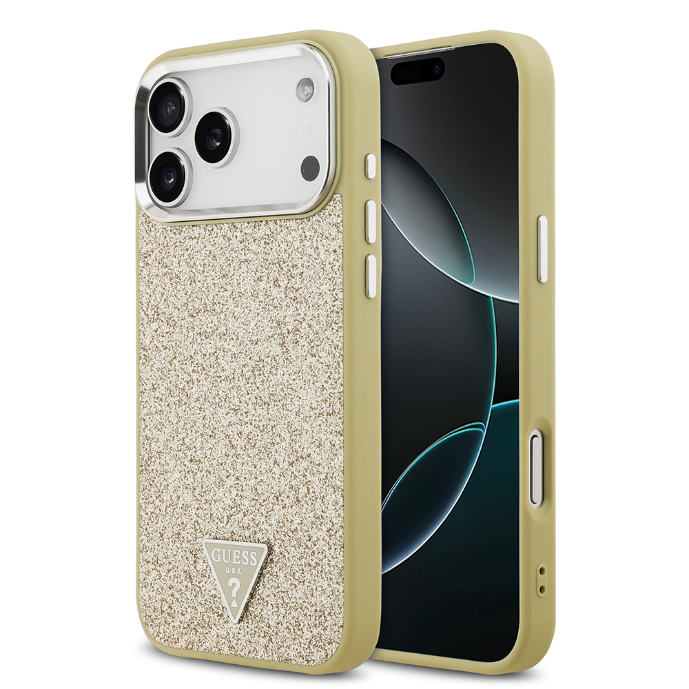 Apple iPhone 17 Pro Max Uyumlu Kılıf Guess Orjinal Lisanslı M-safe Şarj Özellikli Metal Kamera Çerçeveli Üçgen Logolu Glitter Kapak
