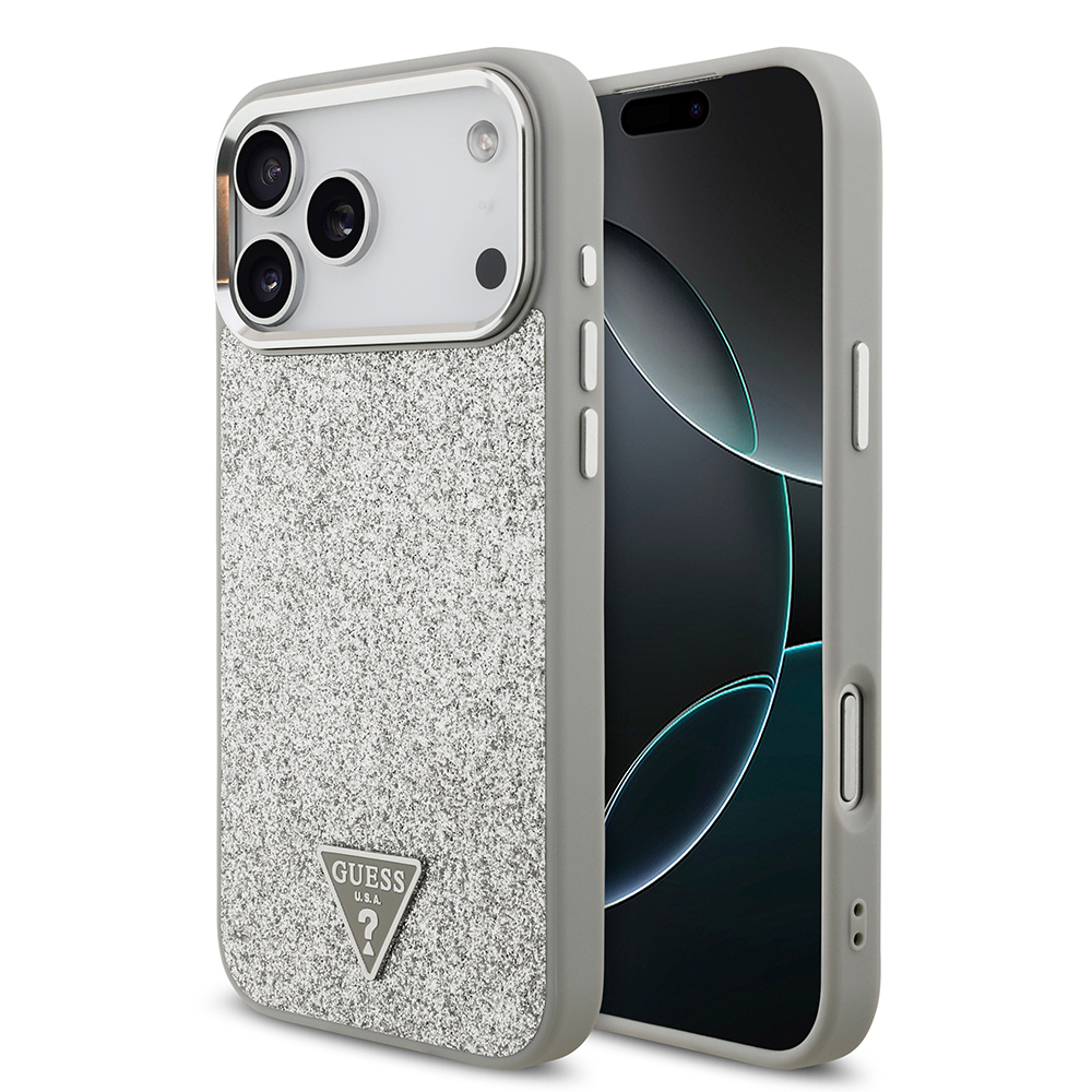 Apple iPhone 17 Pro Max Uyumlu Kılıf Guess Orjinal Lisanslı M-safe Şarj Özellikli Metal Kamera Çerçeveli Üçgen Logolu Glitter Kapak