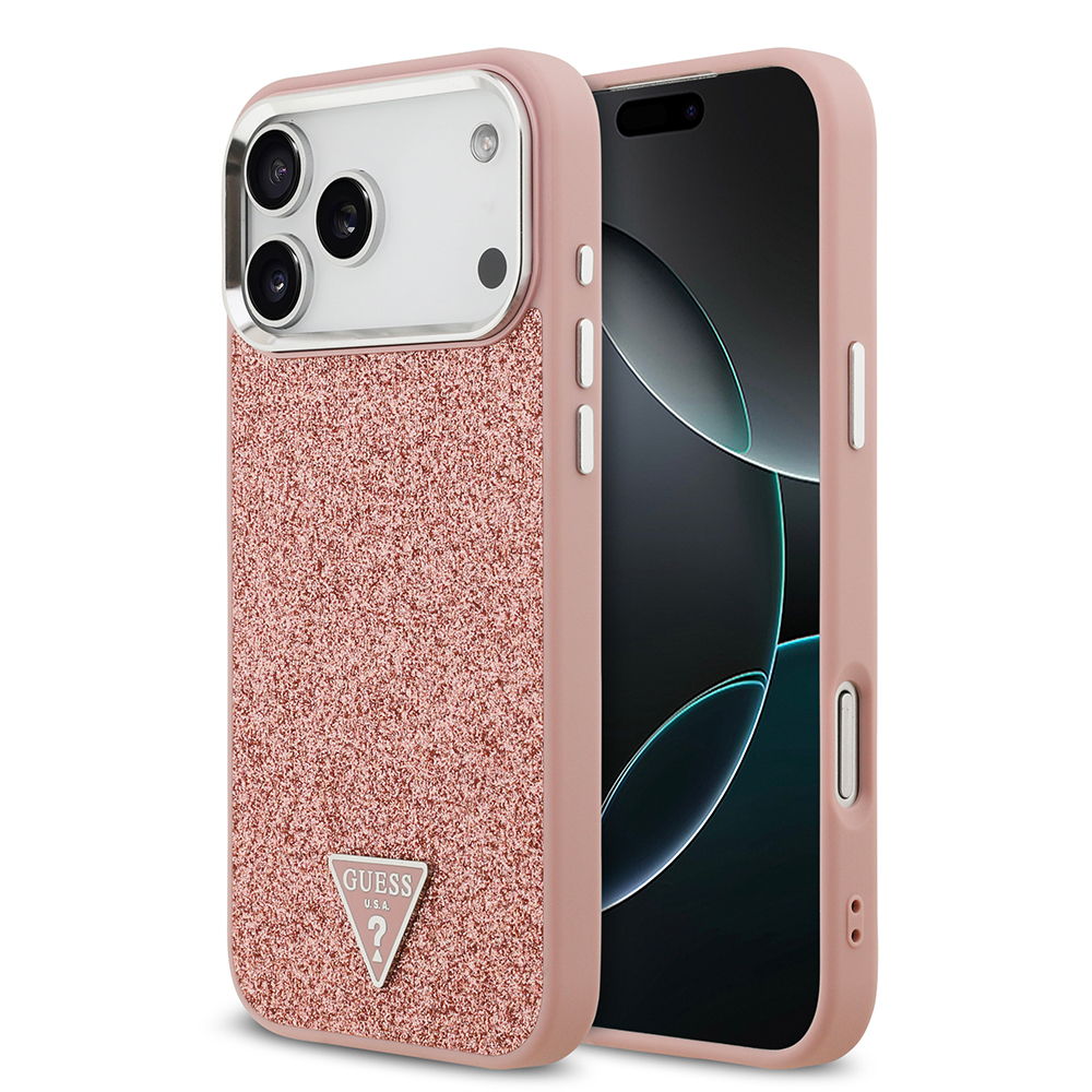 Apple iPhone 17 Pro Max Uyumlu Kılıf Guess Orjinal Lisanslı M-safe Şarj Özellikli Metal Kamera Çerçeveli Üçgen Logolu Glitter Kapak