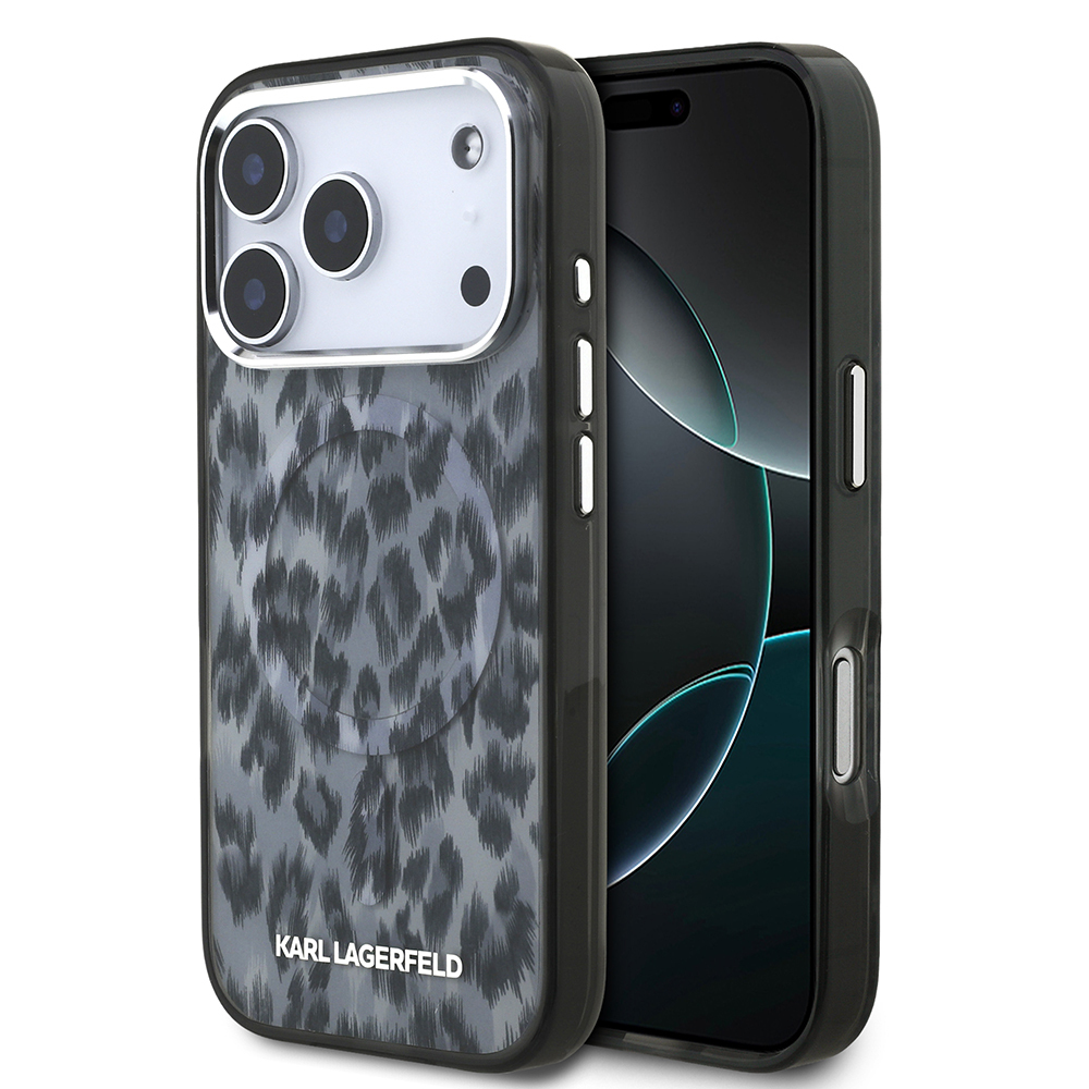 [RNZ-TA126261] Apple iPhone 17 Pro Uyumlu Kılıf Karl Lagerfeld Orjinal Lisanslı M-safe Şarj Özellikli IML Leopar Baskılı Kapak (Siyah)