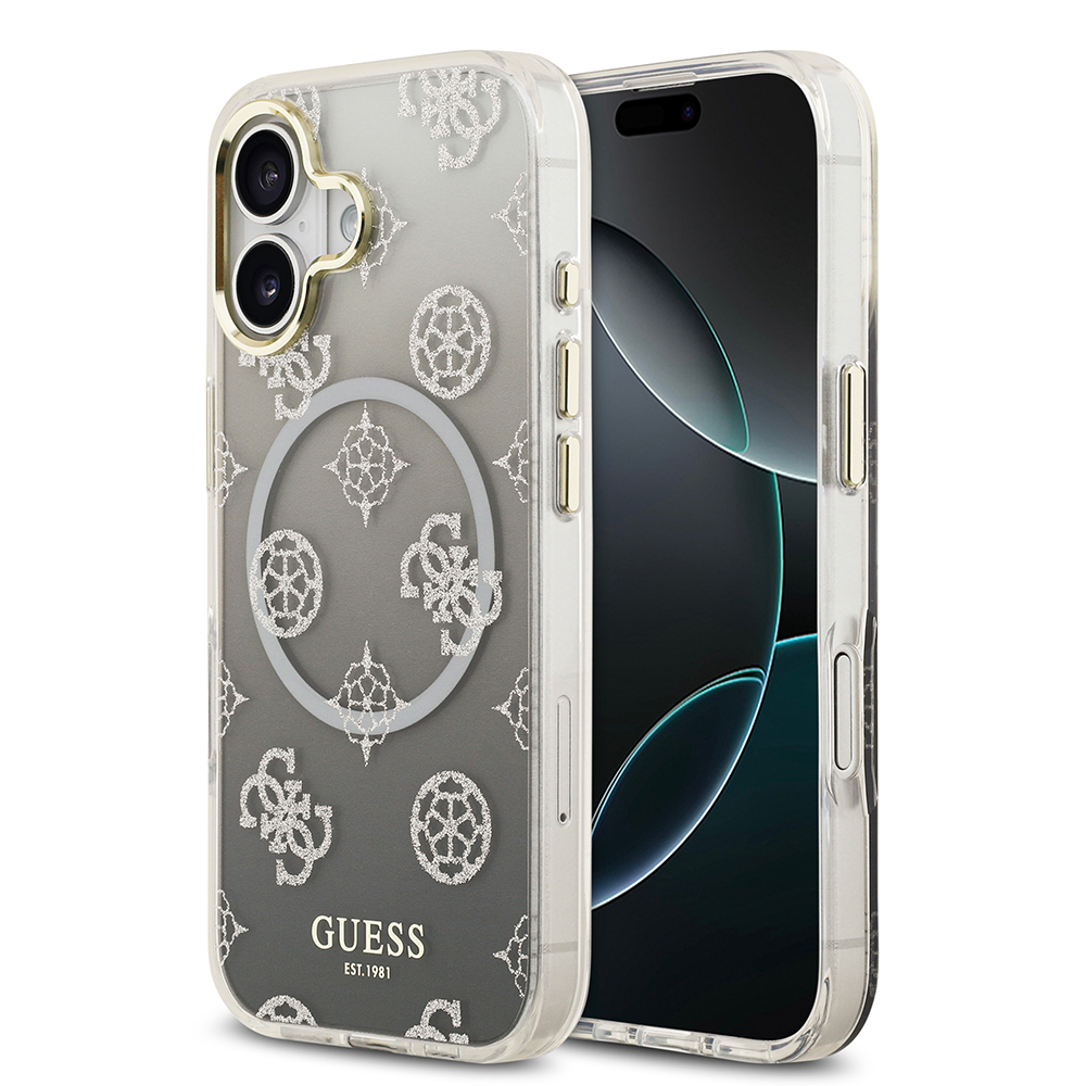 Apple iPhone 17 Uyumlu Kılıf Guess Orjinal Lisanslı M-safe Şarj Özellikli Simli Peony Desenli Silikon Kapak