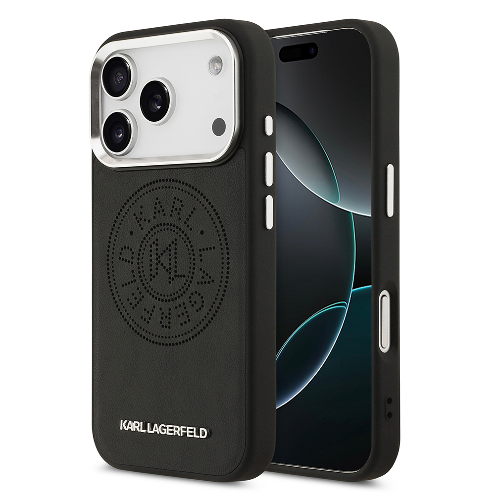 [RNZ-TA126295] Apple iPhone 17 Pro Max Uyumlu Kılıf Karl Lagerfeld Orjinal Lisanslı M-safe Şarj Özellikli Delikli Tasarım Metal Logolu PU Deri Kapak