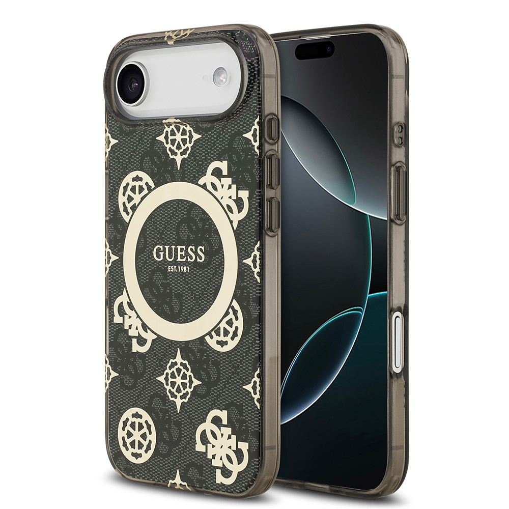 [RNZ-TA126723] Apple iPhone 17 Air Uyumlu Kılıf Guess Orjinal Lisanslı M-safe Şarj Özellikli IML Peony ve 4G Desenli Klasik Logolu Kapak (Siyah)