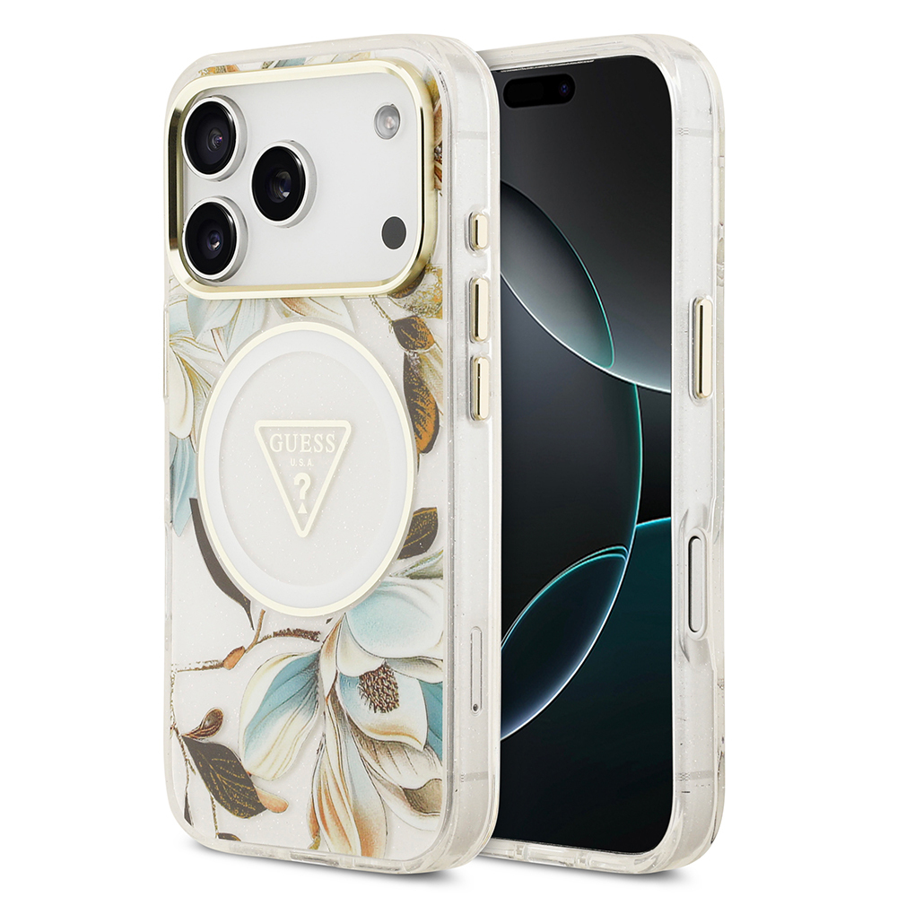 Apple iPhone 17 Pro Max Uyumlu Kılıf Guess Orjinal Lisanslı M-safe Şarj Özellikli Simli Çiçek Desenli Metal Kamera Çerçeveli Üçgen Logolu Kapak