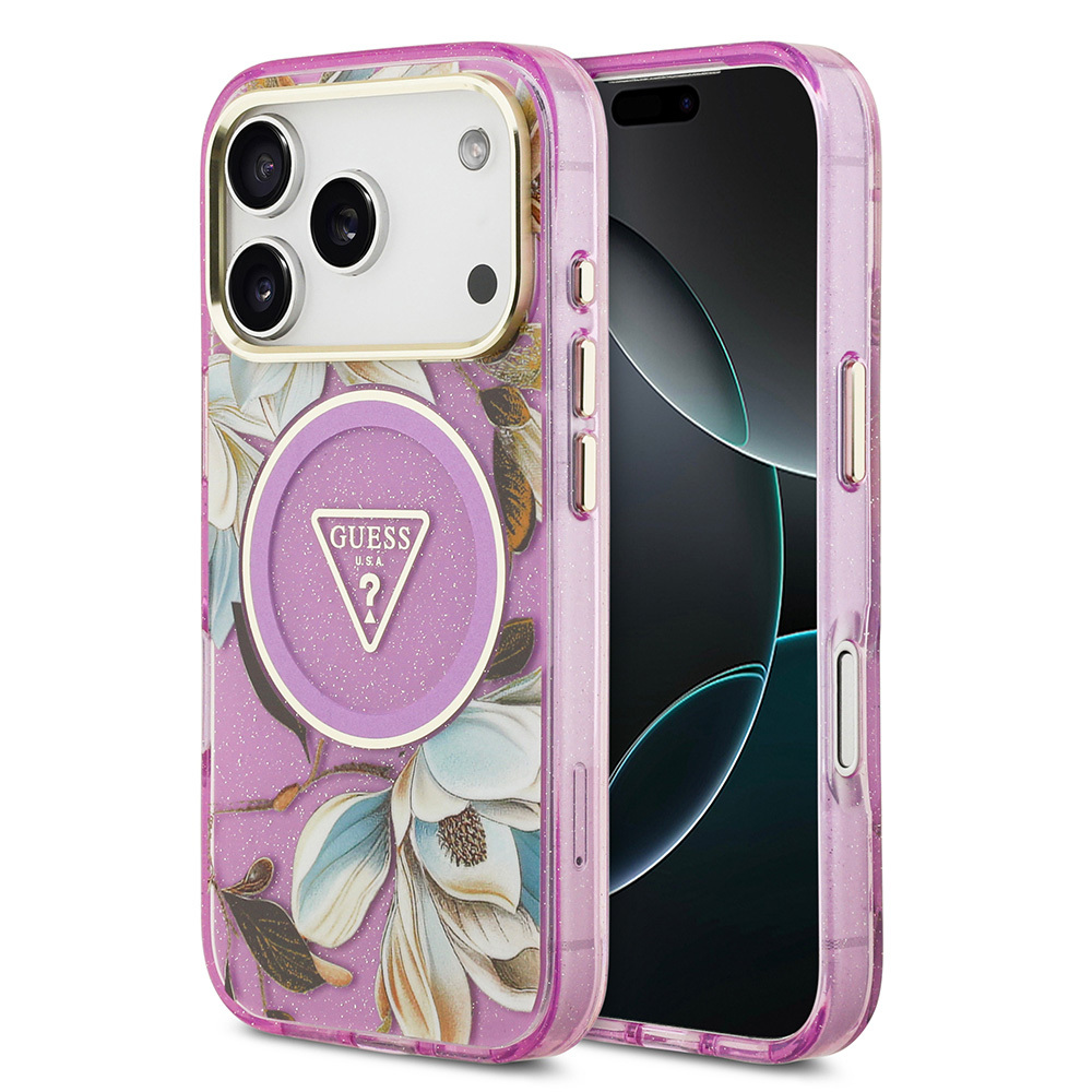 Apple iPhone 17 Pro Max Uyumlu Kılıf Guess Orjinal Lisanslı M-safe Şarj Özellikli Simli Çiçek Desenli Metal Kamera Çerçeveli Üçgen Logolu Kapak