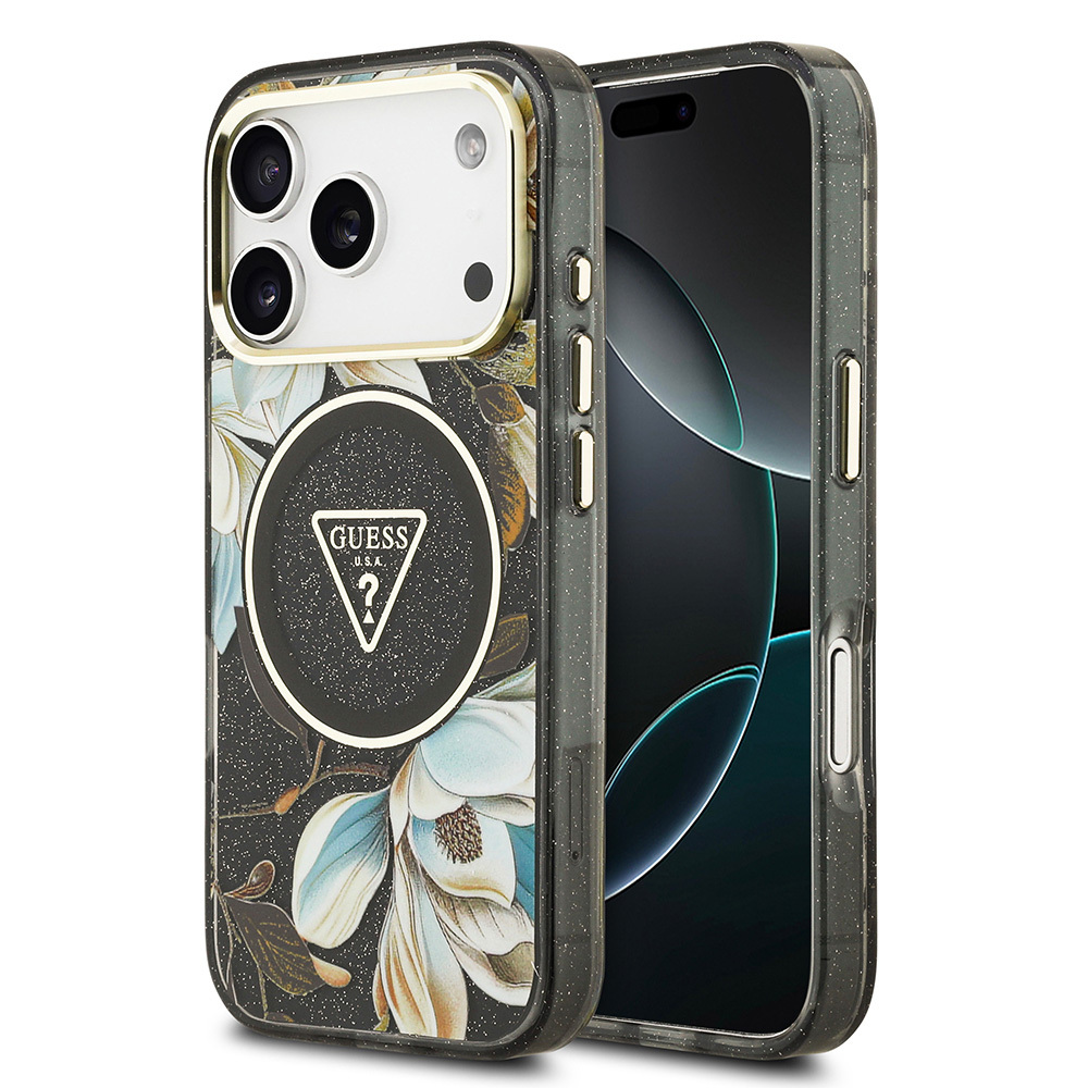 Apple iPhone 17 Pro Max Uyumlu Kılıf Guess Orjinal Lisanslı M-safe Şarj Özellikli Simli Çiçek Desenli Metal Kamera Çerçeveli Üçgen Logolu Kapak