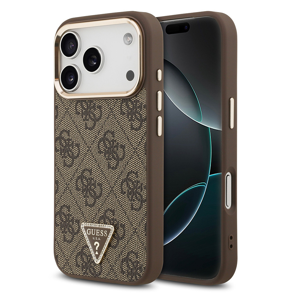 Apple iPhone 17 Pro Uyumlu Kılıf Guess Orjinal Lisanslı M-safe Şarj Özellikli Gold Metal Kamera Çerçeveli Taşlı Üçgen Logo 4G Desenli Kapak