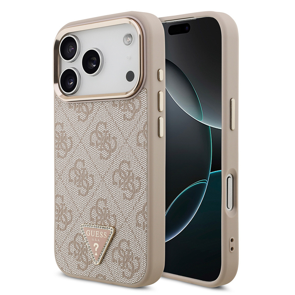 Apple iPhone 17 Pro Uyumlu Kılıf Guess Orjinal Lisanslı M-safe Şarj Özellikli Gold Metal Kamera Çerçeveli Taşlı Üçgen Logo 4G Desenli Kapak