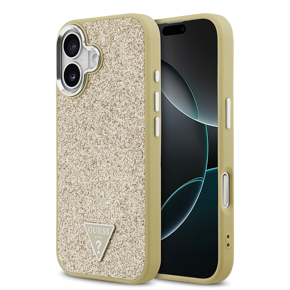 Apple iPhone 17 Uyumlu Kılıf Guess Orjinal Lisanslı M-safe Şarj Özellikli Metal Kamera Çerçeveli Üçgen Logolu Glitter Kapak
