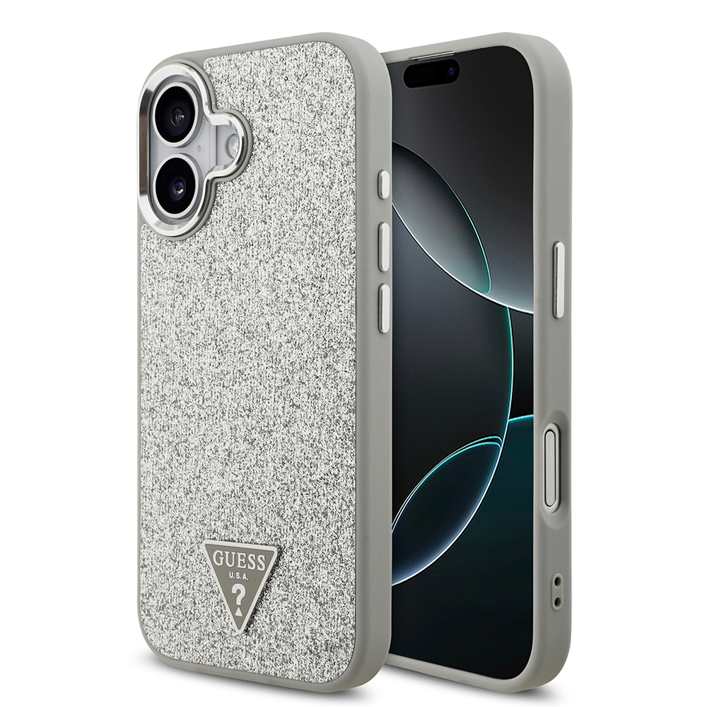 Apple iPhone 17 Uyumlu Kılıf Guess Orjinal Lisanslı M-safe Şarj Özellikli Metal Kamera Çerçeveli Üçgen Logolu Glitter Kapak