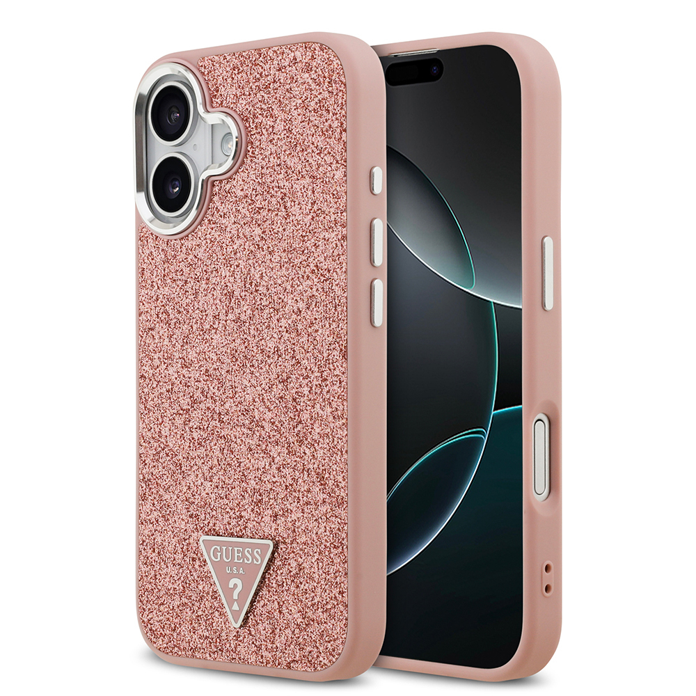 Apple iPhone 17 Uyumlu Kılıf Guess Orjinal Lisanslı M-safe Şarj Özellikli Metal Kamera Çerçeveli Üçgen Logolu Glitter Kapak