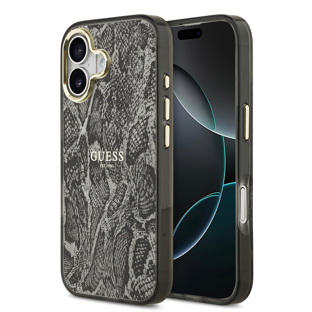 [RNZ-TA126731] Apple iPhone 17 Uyumlu Kılıf Guess Orjinal Lisanslı M-safe Şarj Özellikli Yazı Logolu Python Desenli Kapak (Siyah)