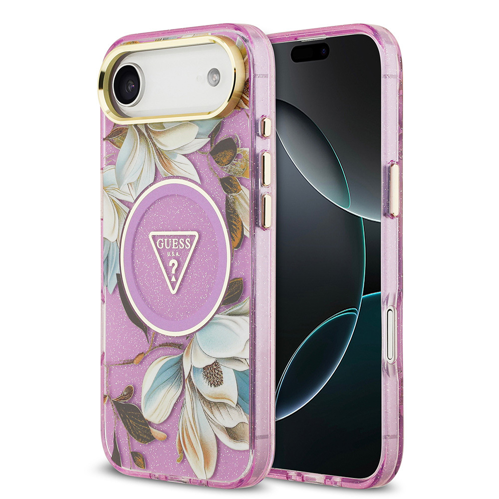 Apple iPhone 17 Air Uyumlu Kılıf Guess Orjinal Lisanslı M-safe Şarj Özellikli Simli Çiçek Desenli Metal Kamera Çerçeveli Üçgen Logolu Kapak