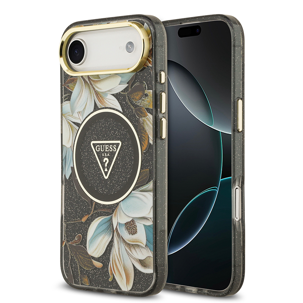 Apple iPhone 17 Air Uyumlu Kılıf Guess Orjinal Lisanslı M-safe Şarj Özellikli Simli Çiçek Desenli Metal Kamera Çerçeveli Üçgen Logolu Kapak