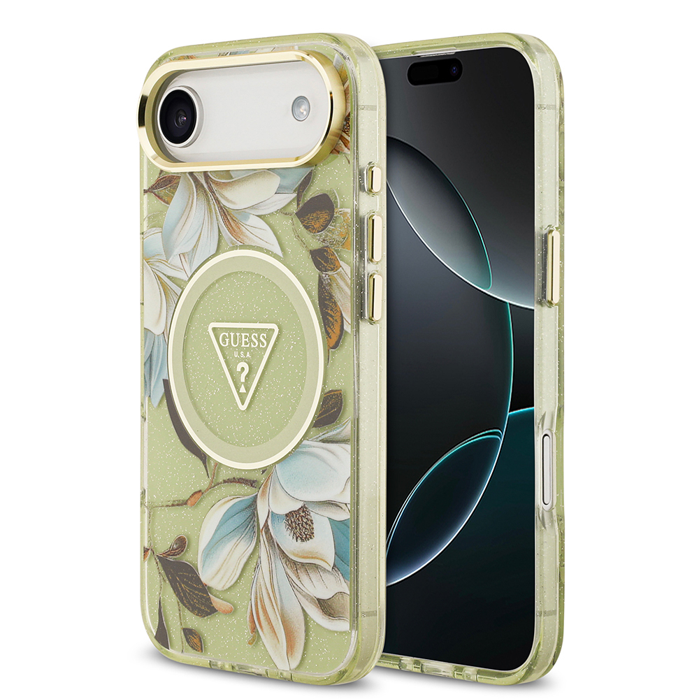 Apple iPhone 17 Air Uyumlu Kılıf Guess Orjinal Lisanslı M-safe Şarj Özellikli Simli Çiçek Desenli Metal Kamera Çerçeveli Üçgen Logolu Kapak