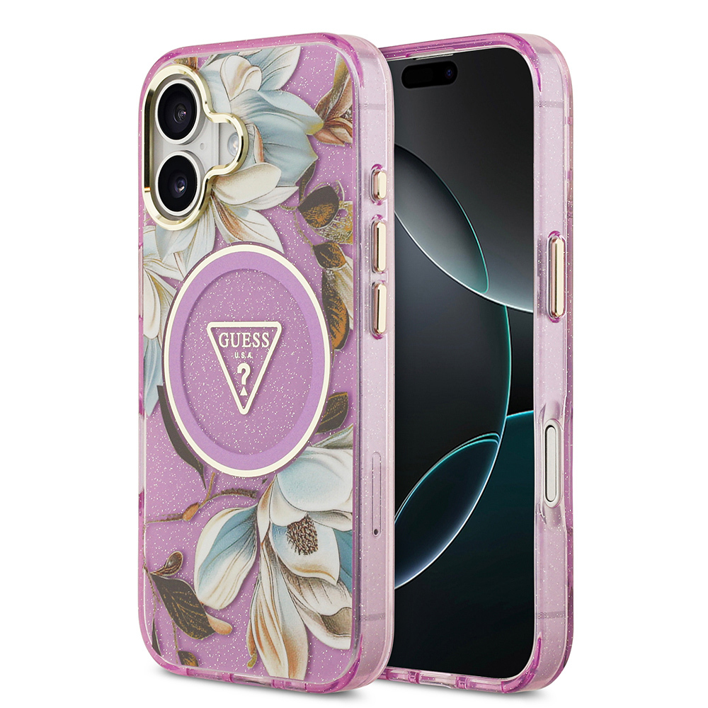 Apple iPhone 17 Uyumlu Kılıf Guess Orjinal Lisanslı M-safe Şarj Özellikli Simli Çiçek Desenli Metal Kamera Çerçeveli Üçgen Logolu Kapak