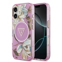 Apple iPhone 17 Uyumlu Kılıf Guess Orjinal Lisanslı M-safe Şarj Özellikli Simli Çiçek Desenli Metal Kamera Çerçeveli Üçgen Logolu Kapak