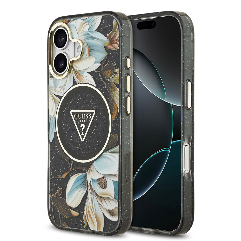 Apple iPhone 17 Uyumlu Kılıf Guess Orjinal Lisanslı M-safe Şarj Özellikli Simli Çiçek Desenli Metal Kamera Çerçeveli Üçgen Logolu Kapak