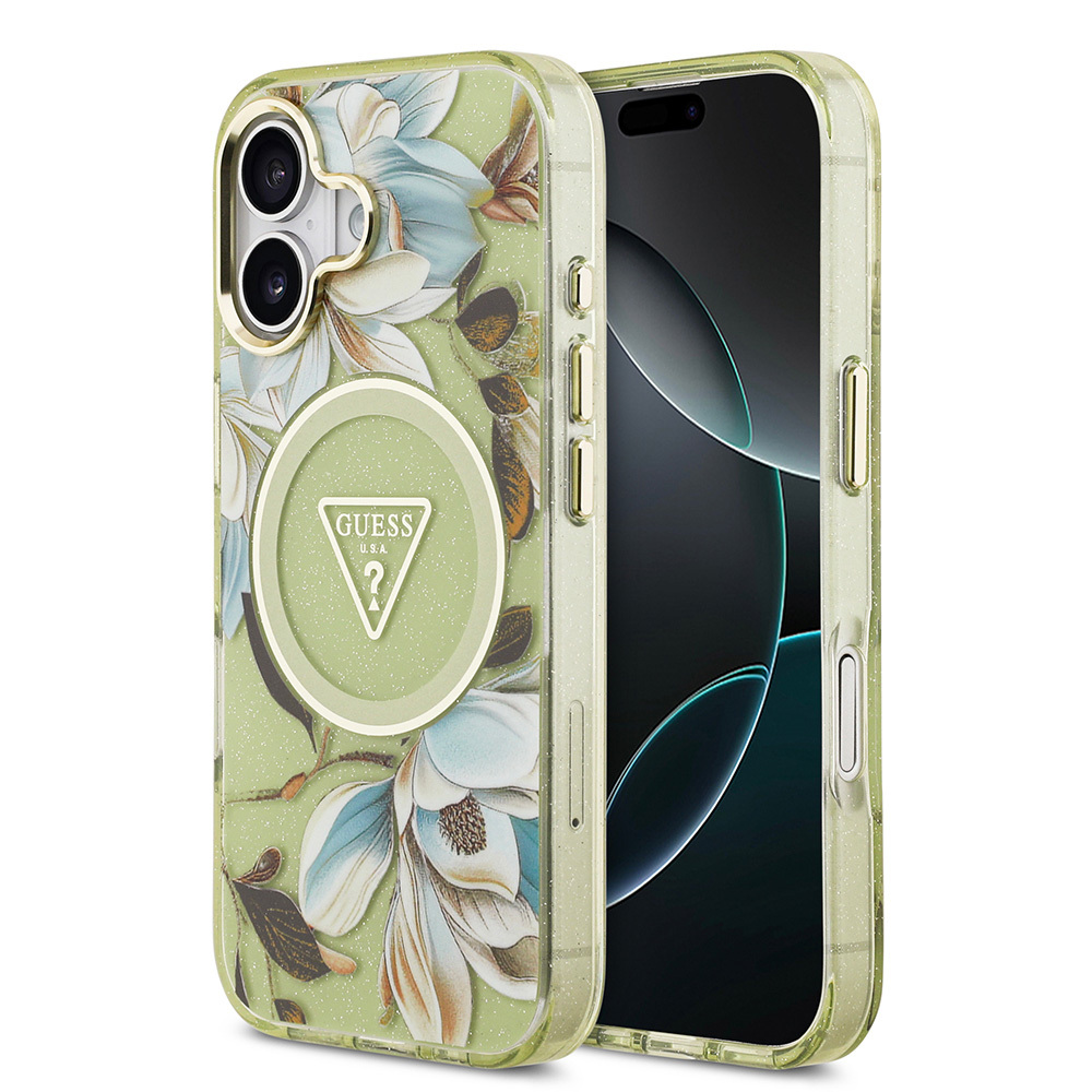 Apple iPhone 17 Uyumlu Kılıf Guess Orjinal Lisanslı M-safe Şarj Özellikli Simli Çiçek Desenli Metal Kamera Çerçeveli Üçgen Logolu Kapak