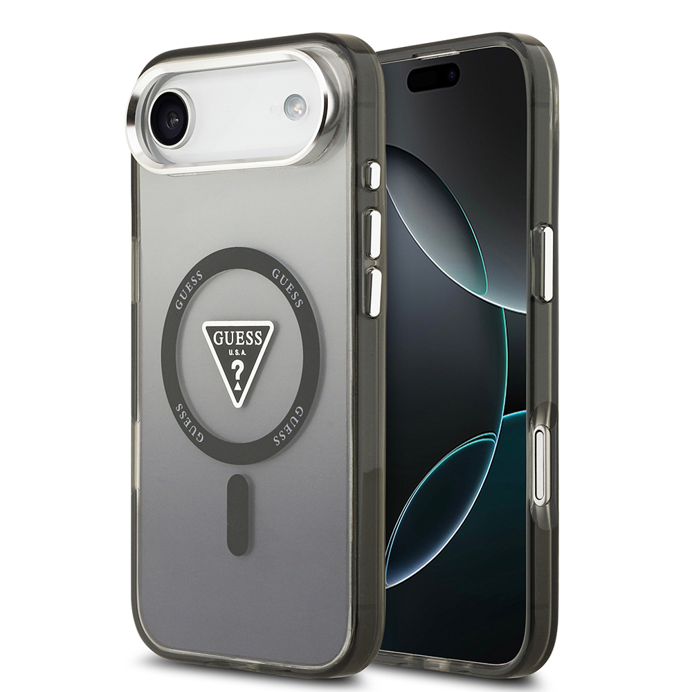 [RNZ-TA126697] Apple iPhone 17 Air Uyumlu Kılıf Guess Orjinal Lisanslı M-safe Şarj Özellikli IML Baskılı Üçgen Logolu Metal Kamera Çerçeveli Kapak (Siyah)
