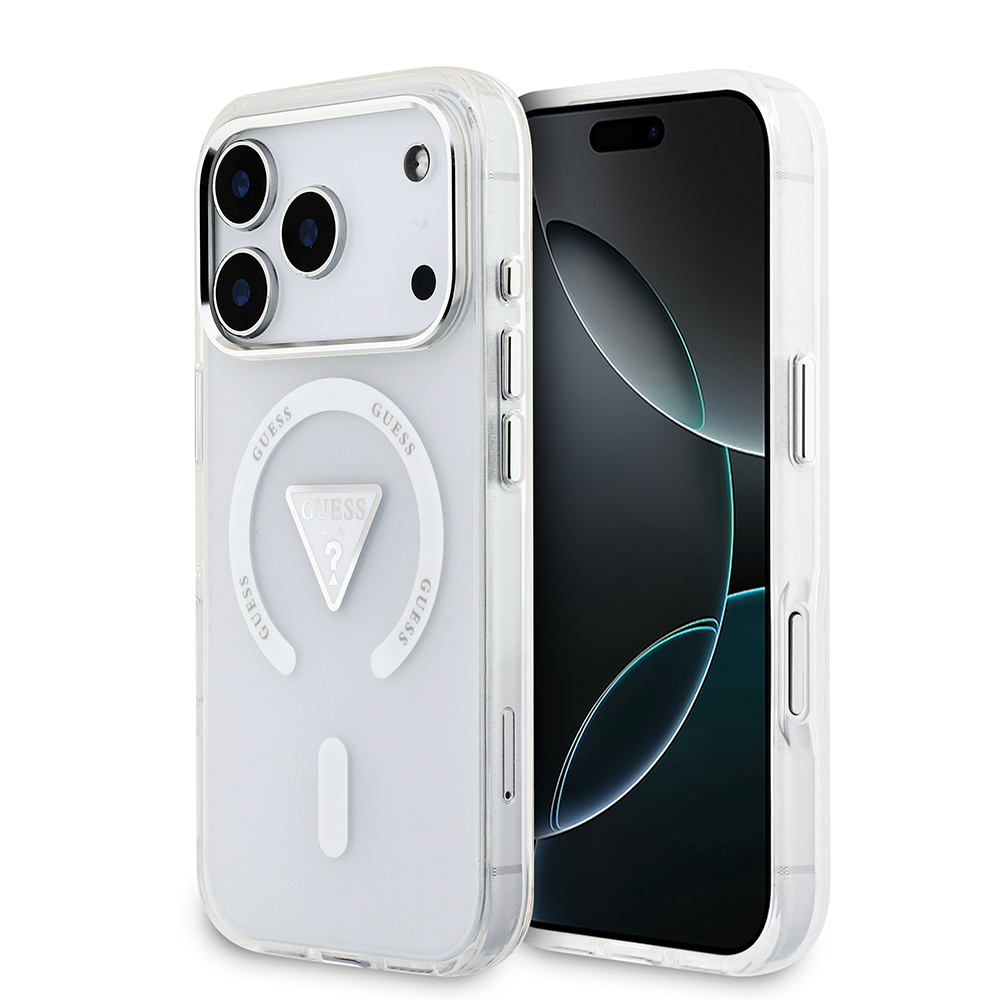 Apple iPhone 17 Pro Uyumlu Kılıf Guess Orjinal Lisanslı M-safe Şarj Özellikli IML Baskılı Üçgen Logolu Metal Kamera Çerçeveli Kapak