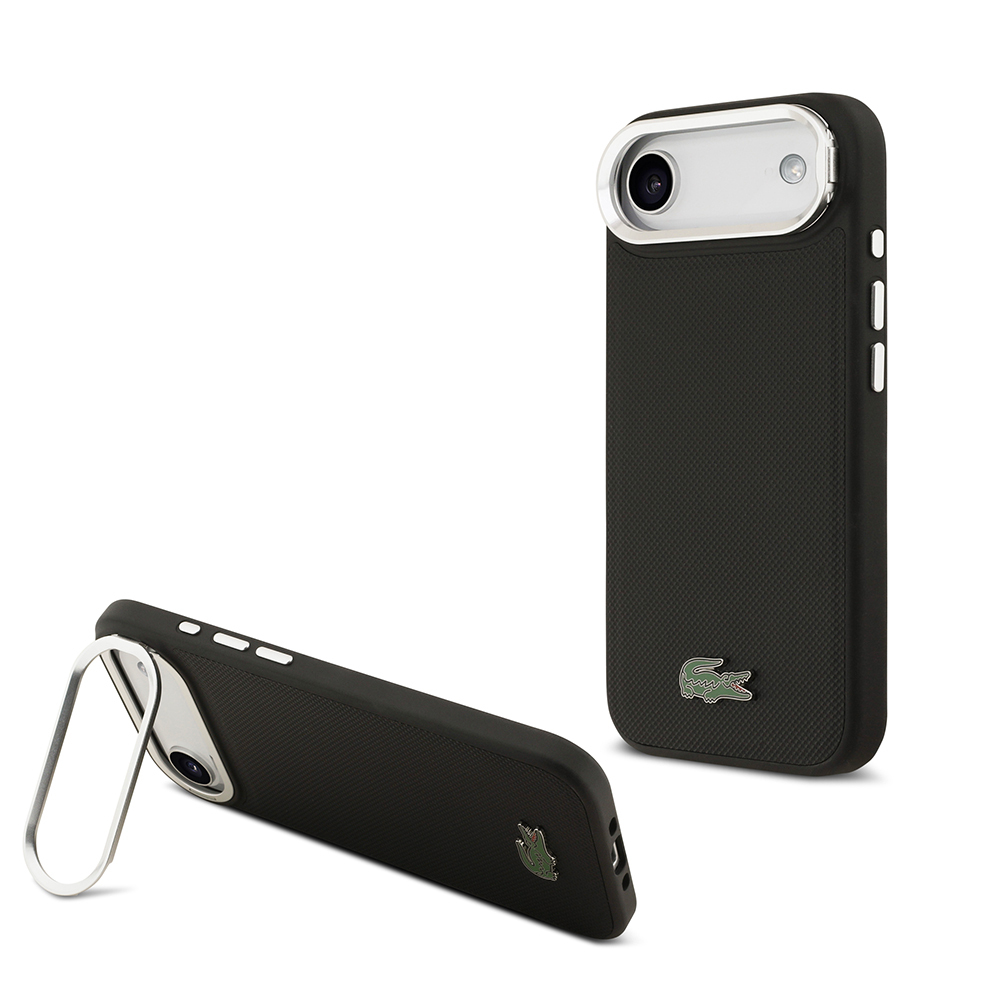 Apple iPhone 17 Air Uyumlu Kılıf Lacoste Orjinal Lisanslı M-safe Şarj Özellikli PU Pike Desenli Standlı Metal Logolu Kapak