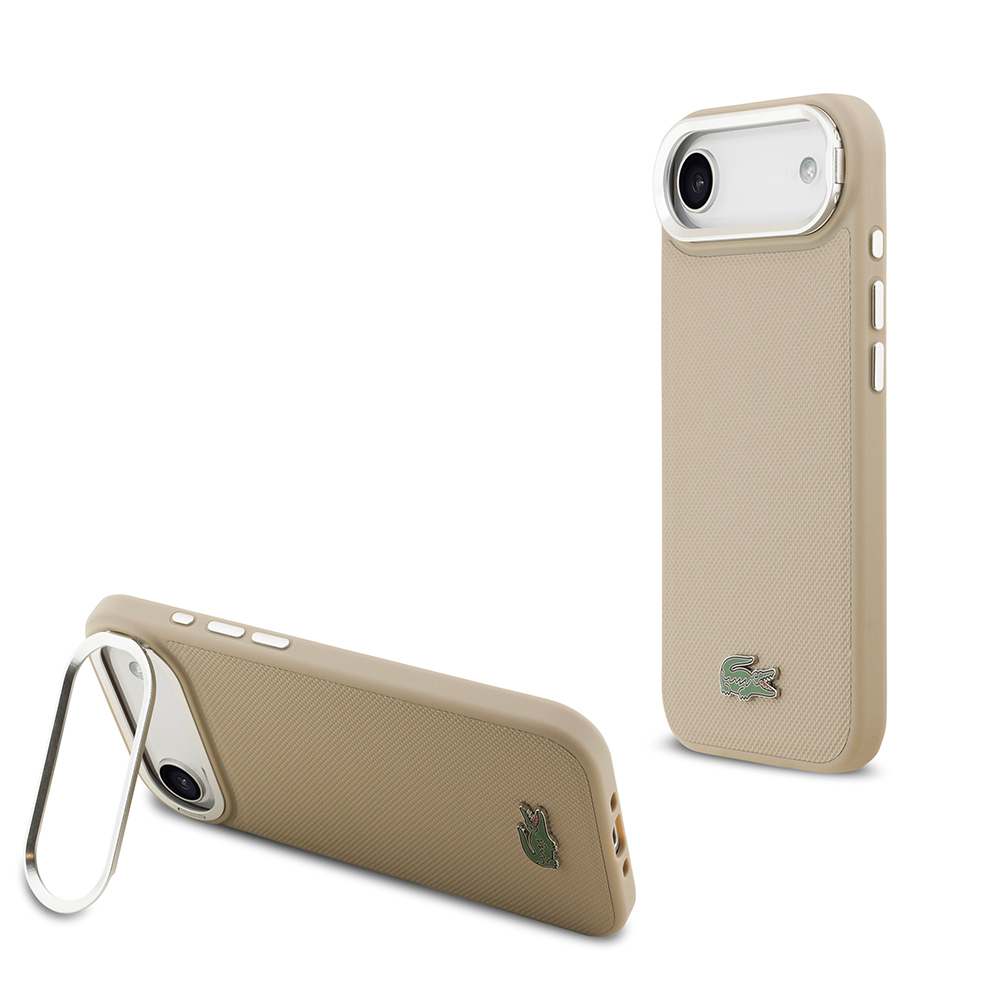Apple iPhone 17 Air Uyumlu Kılıf Lacoste Orjinal Lisanslı M-safe Şarj Özellikli PU Pike Desenli Standlı Metal Logolu Kapak